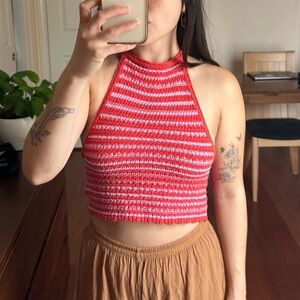Striped coral red and pink crochet halter 🌸